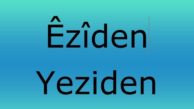 Schriftzug Êziden / Yeziden auf türkis-blauem Hintergrund