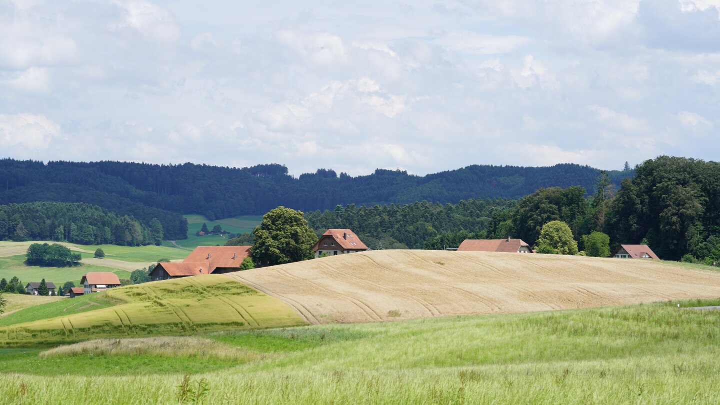 Ein Gehöft liegt in einer Mittelgebirgslandschaft.