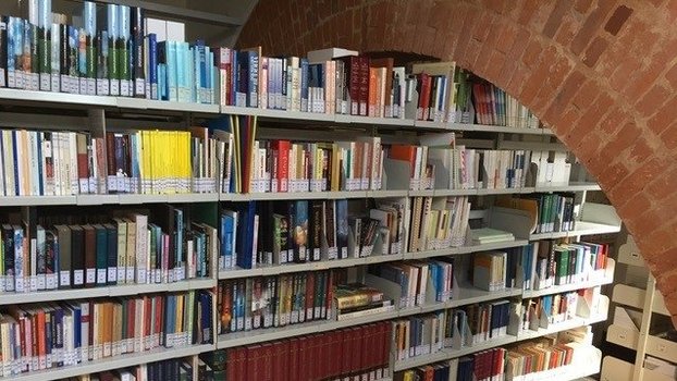 Kellergewölbe aus Ziegelstein, darin Bibliotheksregale mit Büchern