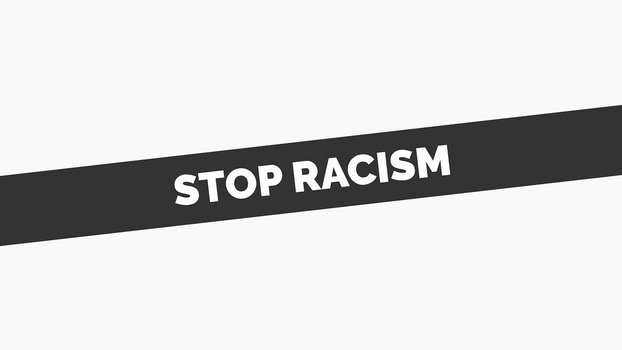 Grafik: Ein schwarzer Balken mit weißer Aufschrift STOP RACISM
